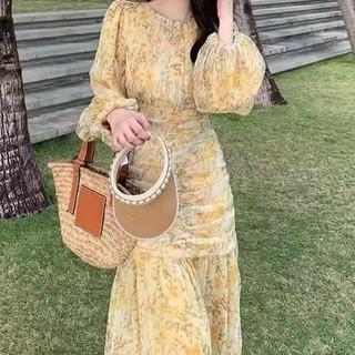 Đầm Hoa midi Tay Dài Cổ Tròn Thời Trang Hàn Quốc Dành Cho Nữ