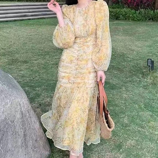 Đầm Hoa midi Tay Dài Cổ Tròn Thời Trang Hàn Quốc Dành Cho Nữ