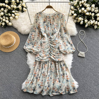 Đầm Hoa midi Tay Dài Cổ Tròn Thời Trang Hàn Quốc Dành Cho Nữ