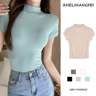 ZHELIHANGFEI Áo Thun Tay Ngắn Cổ Cao Dáng Ôm Thiết Kế Đơn Giản Hợp Thời Trang