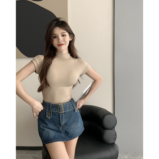 ZHELIHANGFEI Áo Thun Tay Ngắn Cổ Cao Dáng Ôm Thiết Kế Đơn Giản Hợp Thời Trang