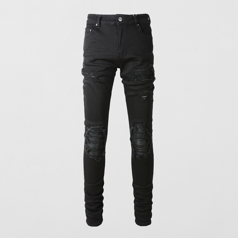 AMIRI Street Fashion Mens Jeans Black Elastic Slim Fit Jeans Mens Patch ...