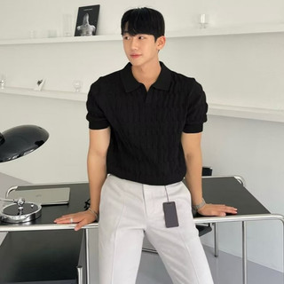 Hàn Quốc Dongdaemun Thiết Kế Đơn Giản Áo Sơ Mi Dệt Kim POLO Nam Cao Cấp Băng Lụa Ngắn Tay Áo Sơ Mi Polo Mùa Hè Dạo Phố Ve Áo Tay Ngắn