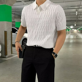 Hàn Quốc Dongdaemun Thiết Kế Đơn Giản Áo Sơ Mi Dệt Kim POLO Nam Cao Cấp Băng Lụa Ngắn Tay Áo Sơ Mi Polo Mùa Hè Dạo Phố Ve Áo Tay Ngắn