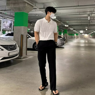 Hàn Quốc Dongdaemun Thiết Kế Đơn Giản Áo Sơ Mi Dệt Kim POLO Nam Cao Cấp Băng Lụa Ngắn Tay Áo Sơ Mi Polo Mùa Hè Dạo Phố Ve Áo Tay Ngắn
