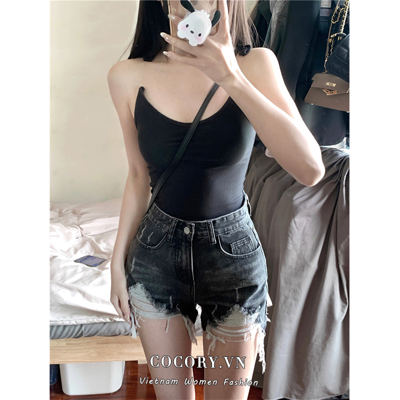 Cocory vn Áo hai dây / Quần Short denim Lưng Cao Màu Đen Thiết Kế Rách Phong Cách Retro Cá Tính