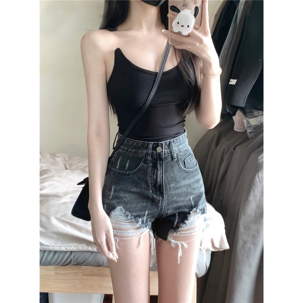 Cocory vn Áo hai dây / Quần Short denim Lưng Cao Màu Đen Thiết Kế Rách Phong Cách Retro Cá Tính