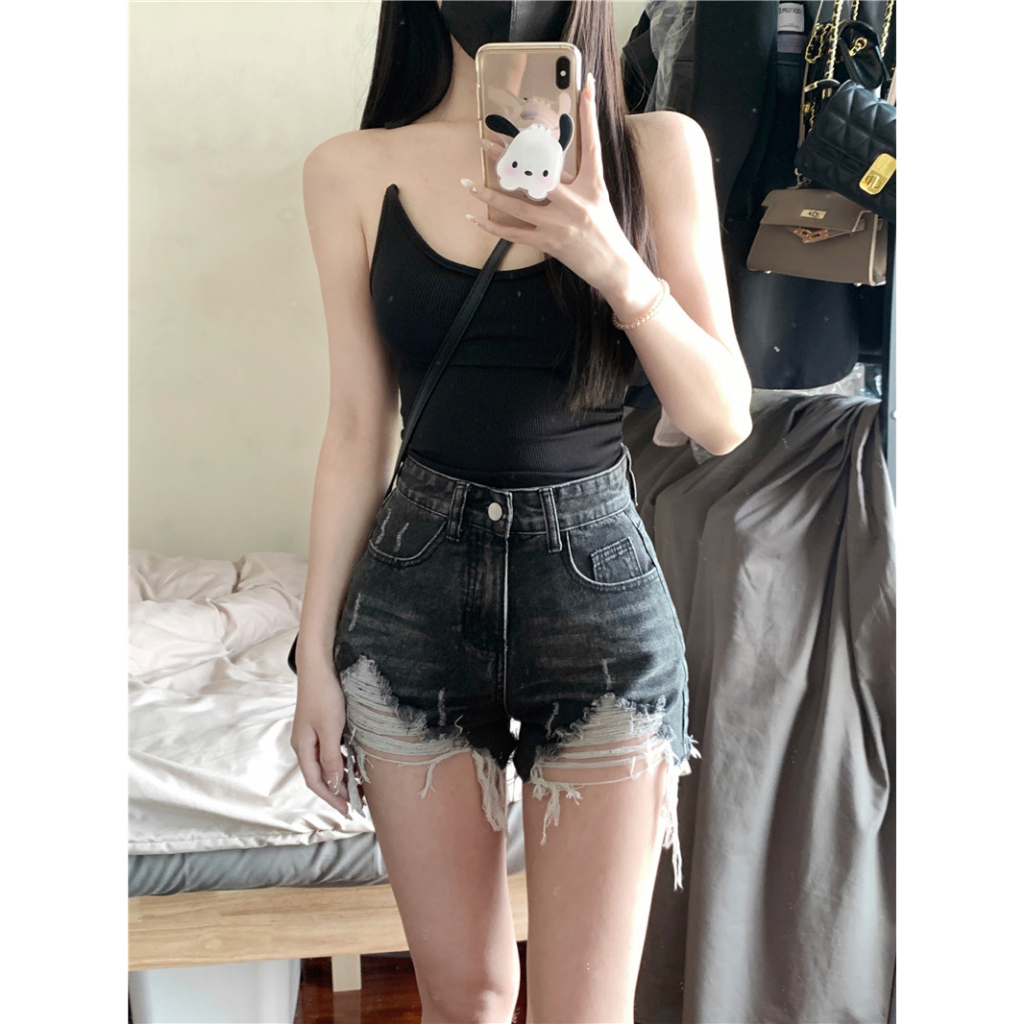 Cocory vn Áo hai dây / Quần Short denim Lưng Cao Màu Đen Thiết Kế Rách Phong Cách Retro Cá Tính