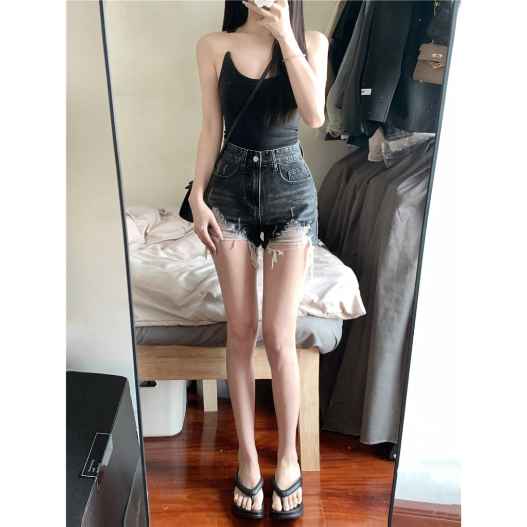 Cocory vn Áo hai dây / Quần Short denim Lưng Cao Màu Đen Thiết Kế Rách Phong Cách Retro Cá Tính