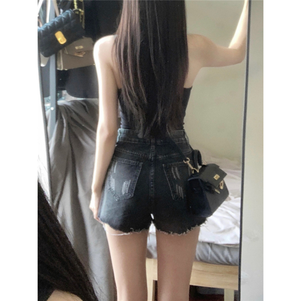 Cocory vn Áo hai dây / Quần Short denim Lưng Cao Màu Đen Thiết Kế Rách Phong Cách Retro Cá Tính