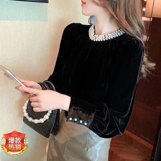 Áo Nhung Tay Dài Cổ Tròn Dáng Rộng Đính Ngọc Trai Thời Trang Hàn Quốc Cho Nữ
