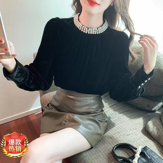 Áo Nhung Tay Dài Cổ Tròn Dáng Rộng Đính Ngọc Trai Thời Trang Hàn Quốc Cho Nữ
