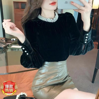 Áo Nhung Tay Dài Cổ Tròn Dáng Rộng Đính Ngọc Trai Thời Trang Hàn Quốc Cho Nữ