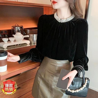 Áo Nhung Tay Dài Cổ Tròn Dáng Rộng Đính Ngọc Trai Thời Trang Hàn Quốc Cho Nữ