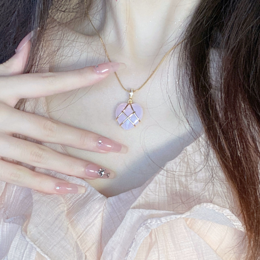 Vòng cổ Mặt Trái Tim Đính Đá Opal Màu Hồng Thời Trang Hàn Quốc Dành Cho Nữ