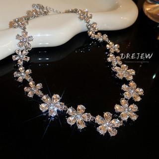 DREJEW Bộ Vòng cổ Bông Tai Mạ Bạc Hình Hoa Đính Kim Cương Giả Cao Cấp
