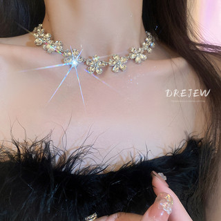 DREJEW Bộ Vòng cổ Bông Tai Mạ Bạc Hình Hoa Đính Kim Cương Giả Cao Cấp