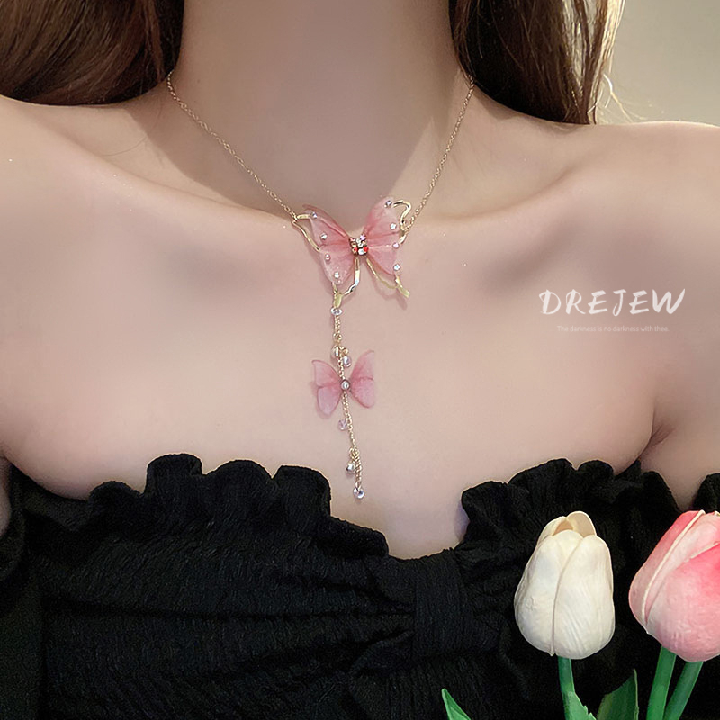 DREJEW Vòng cổ Mặt Bướm Đính Ngọc Trai Thời Trang Mori Cao Cấp
