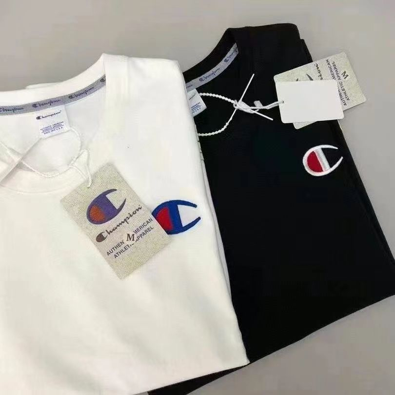 Áo thun cotton Champi spot cổ điển thêu logo nam nữ phong cách cặp đôi cổ áo + thẻ