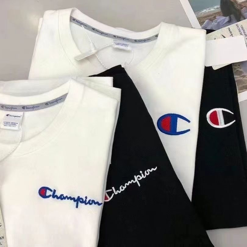 Áo thun cotton Champi spot cổ điển thêu logo nam nữ phong cách cặp đôi cổ áo + thẻ