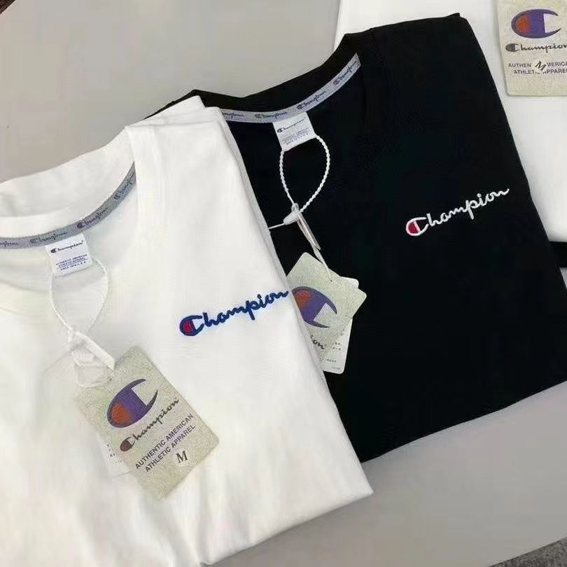 Áo thun cotton Champi spot cổ điển thêu logo nam nữ phong cách cặp đôi cổ áo + thẻ