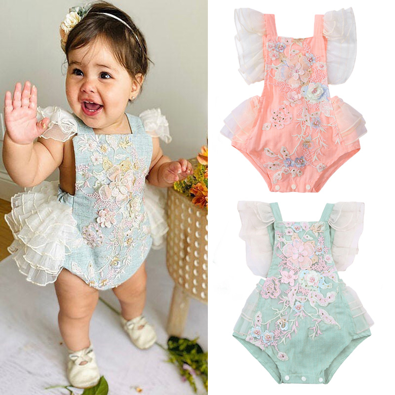 Áo liền quần cổ vuông thêu họa tiết hoa dễ thương cho bé gái