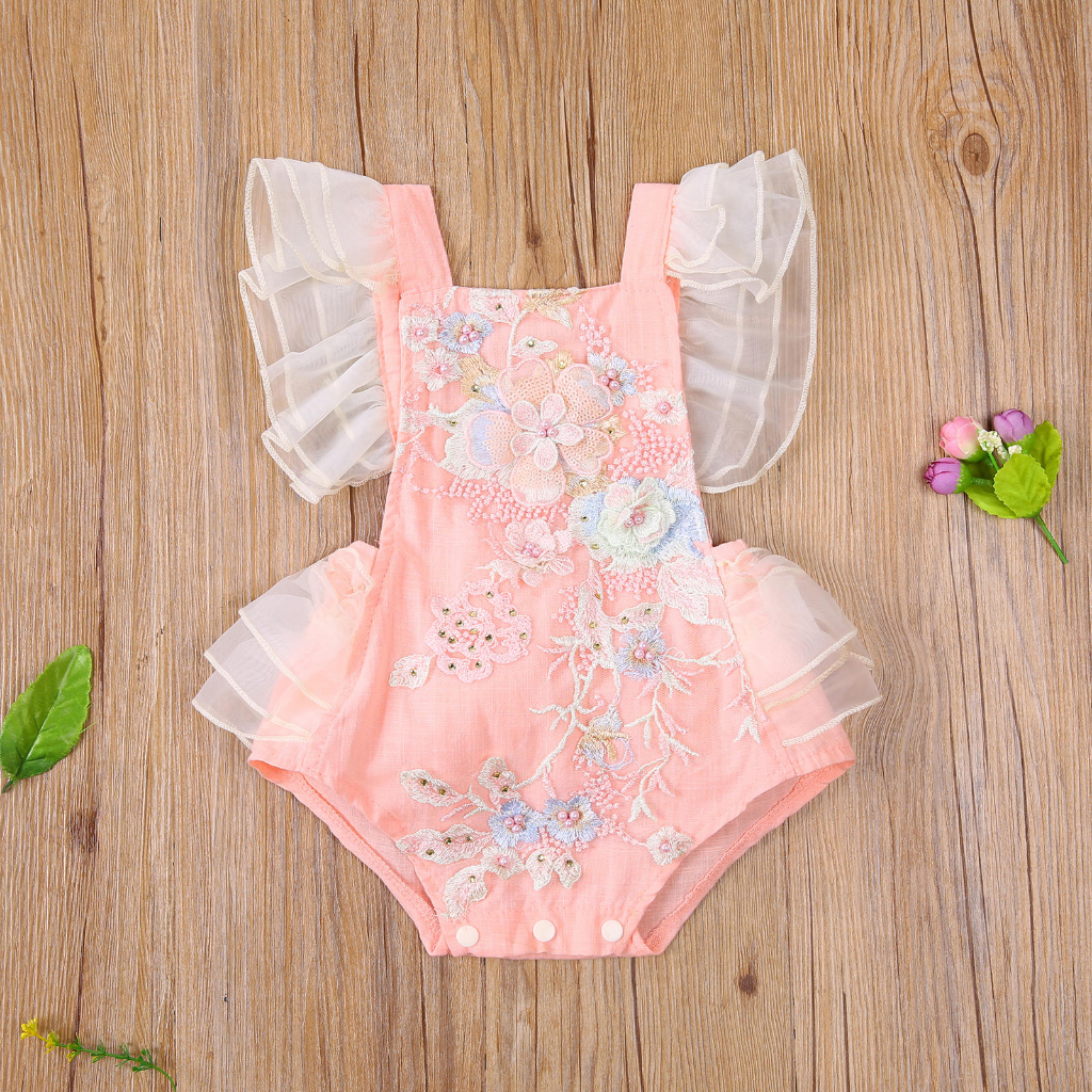 Áo liền quần cổ vuông thêu họa tiết hoa dễ thương cho bé gái