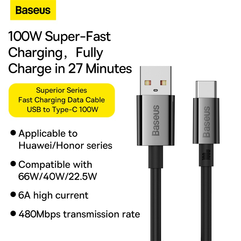 Ảnh Cáp sạc nhanh USB C BASEUS 100W 6A cho Huawei P30 PD Xiaomi Samsung 1
