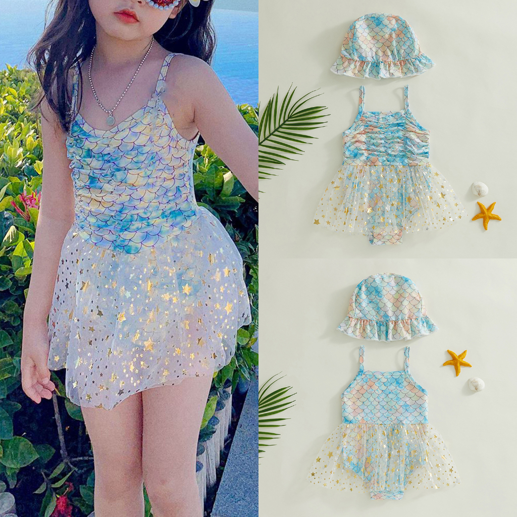 Bộ Đồ Bơi Liền Thân Sát Nách In Hoạt Hình Nàng Tiên Cá Kèm Mũ Dành Cho Bé Gái