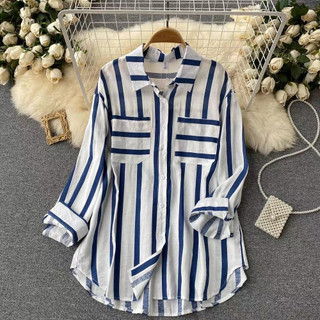 Áo Sơ Mi Nữ Kẻ Sọc Tay Dài Dáng Rộng Phong Cách Hàn Quốc Fshn