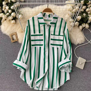 Áo Sơ Mi Nữ Kẻ Sọc Tay Dài Dáng Rộng Phong Cách Hàn Quốc Fshn