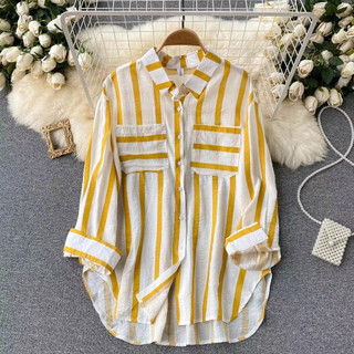 Áo Sơ Mi Nữ Kẻ Sọc Tay Dài Dáng Rộng Phong Cách Hàn Quốc Fshn