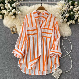Áo Sơ Mi Nữ Kẻ Sọc Tay Dài Dáng Rộng Phong Cách Hàn Quốc Fshn