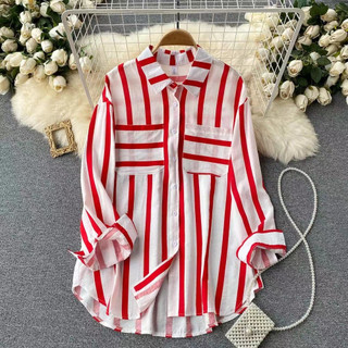 Áo Sơ Mi Nữ Kẻ Sọc Tay Dài Dáng Rộng Phong Cách Hàn Quốc Fshn