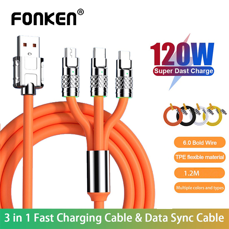 Ảnh Cáp sạc nhanh FONKEN chất liệu silicone và hợp kim kẽm 3 trong 1 120W 6A cổng type C 1