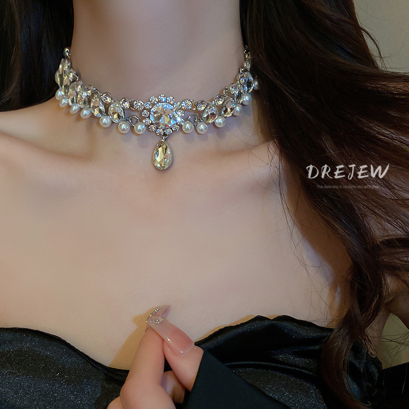 DREJEW Vòng Cổ Ngọc Trai Pháp Dát Kim Cương Hình Giọt Nước Hình Bông Hoa Nhẹ Nhàng Sang Trọng Dây Chuyền Bạc Xương đòn Vòng Cổ Nữ