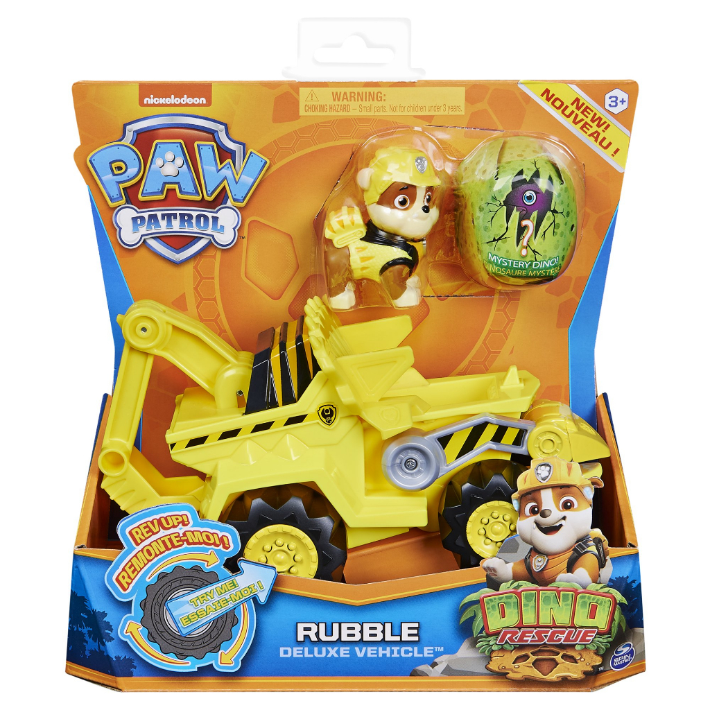 PAW Patrol Dino Rescue Rubble 's Deluxe Rev Up Vehicle với hình khủng long bí ẩn