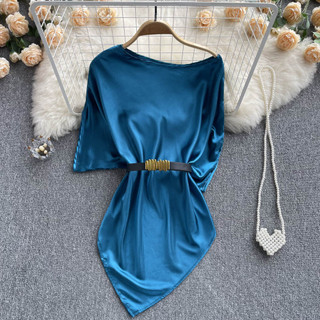 Áo Sơ Mi Cánh Dơi Dáng Rộng Bằng Satin Phong Cách Hàn Quốc Kèm Thắt Lưng Baju Baju Wanita Lengan Panjang Hàng Mới Có Sẵn