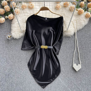 Áo Sơ Mi Cánh Dơi Dáng Rộng Bằng Satin Phong Cách Hàn Quốc Kèm Thắt Lưng Baju Baju Wanita Lengan Panjang Hàng Mới Có Sẵn