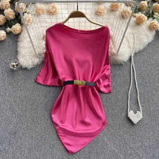Áo Sơ Mi Cánh Dơi Dáng Rộng Bằng Satin Phong Cách Hàn Quốc Kèm Thắt Lưng Baju Baju Wanita Lengan Panjang Hàng Mới Có Sẵn