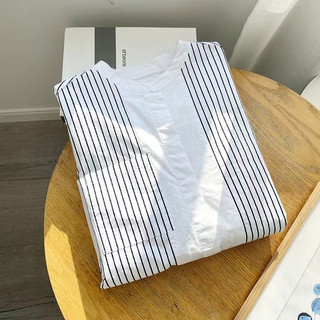 Áo Sơ Mi Cotton Tay Dài Cổ Đứng Dáng Rộng Họa Tiết Kẻ Sọc Phong Cách Hàn Quốc Cho Nữ Baju Baju Wanita Lengan Panjang Hàng Có Sẵn