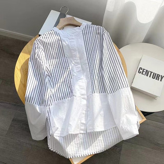 Áo Sơ Mi Cotton Tay Dài Cổ Đứng Dáng Rộng Họa Tiết Kẻ Sọc Phong Cách Hàn Quốc Cho Nữ Baju Baju Wanita Lengan Panjang Hàng Có Sẵn