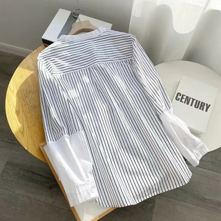 Áo Sơ Mi Cotton Tay Dài Cổ Đứng Dáng Rộng Họa Tiết Kẻ Sọc Phong Cách Hàn Quốc Cho Nữ Baju Baju Wanita Lengan Panjang Hàng Có Sẵn