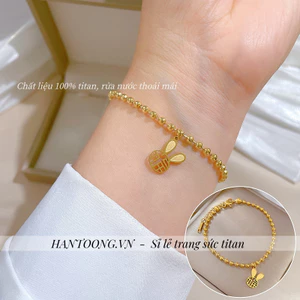 Vòng tay titan không gỉ dạng bi tròn mạ vàng 18k thiết kế mặt chữ phúc hình tai thỏ dễ thương dành cho nữ