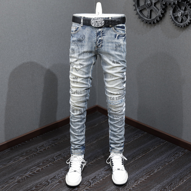 Amiri Street Fashion Mens Jeans High Quality Retro Grey Blue Elastic ...