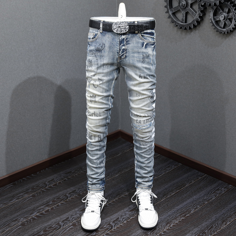 Amiri Street Fashion Mens Jeans High Quality Retro Grey Blue Elastic
