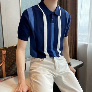 Áo thun ve áo màu tương phản Hợp thời trang Ice Silk Thoáng khí Tay ngắn Ruya Thanh niên Áo polo sọc màu Áo sơ mi thời trang cổ điển sọc