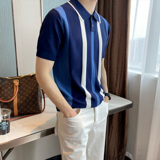 Áo thun ve áo màu tương phản Hợp thời trang Ice Silk Thoáng khí Tay ngắn Ruya Thanh niên Áo polo sọc màu Áo sơ mi thời trang cổ điển sọc