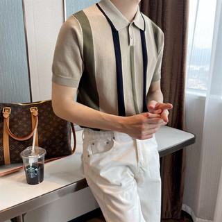 Áo thun ve áo màu tương phản Hợp thời trang Ice Silk Thoáng khí Tay ngắn Ruya Thanh niên Áo polo sọc màu Áo sơ mi thời trang cổ điển sọc