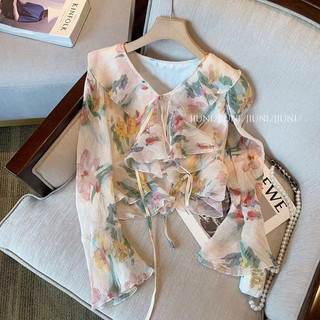 Áo Sơ Mi Nữ Tay Dài Cổ Chữ v Họa Tiết Hoa Thời Trang Hàn Quốc